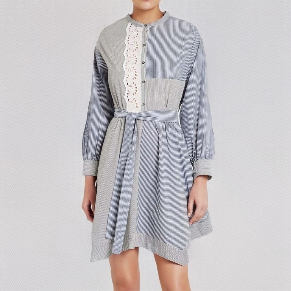 Rebbeca Taylor Mixed Stripe and Eyelet Dress in Blue, M